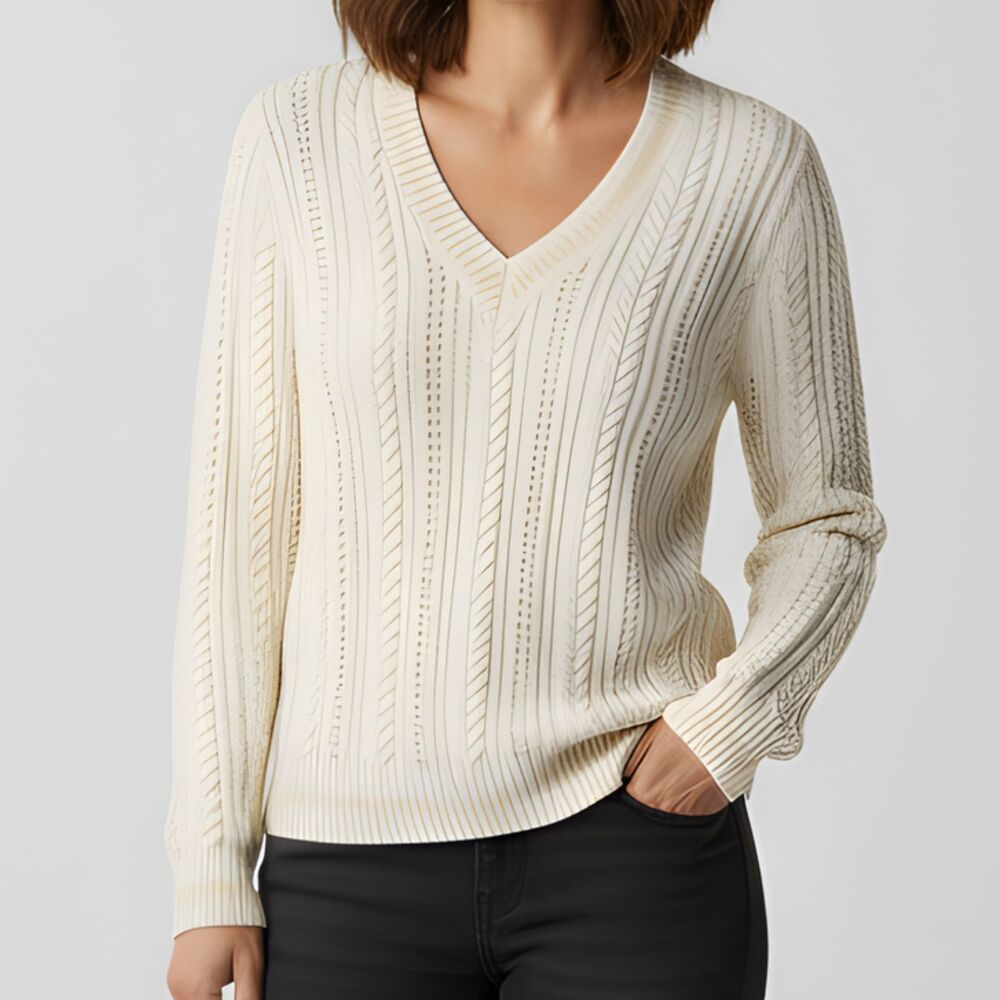 Lauren Ralph Lauren Cable Knit Sweater XL Cream Cotton V Neck
